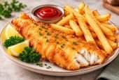 Classic Fish and Chips with Tomato Sauce